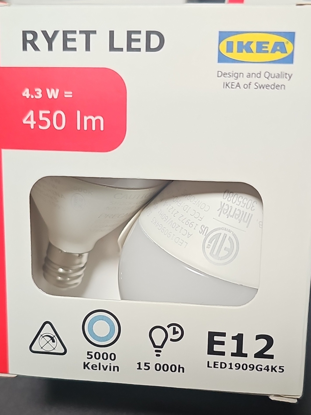 1 IKEA RYET E12 LED Bulbs 450 Lumens 5000 Kelvin Daylight